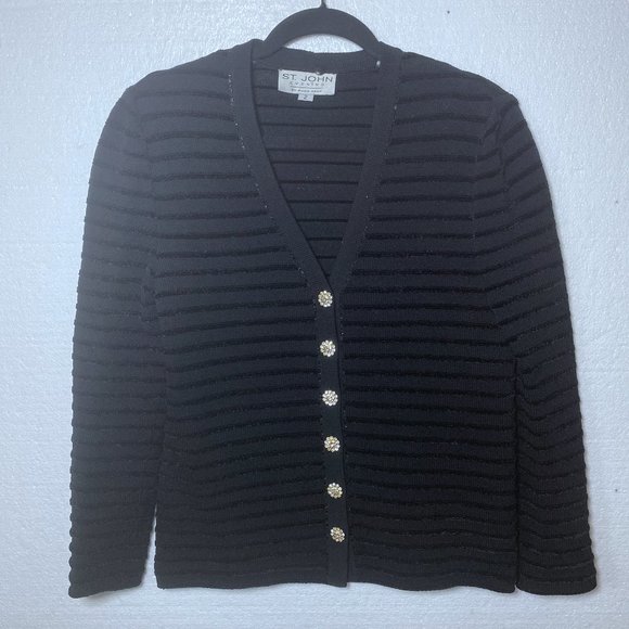 St. John Evening Womens Sz 2 Black Sequin Bling Cardigan Sweater Rhinestone Knit - Picture 1 of 11